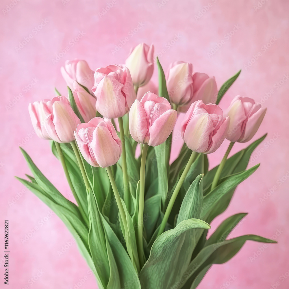 Romantic bouquet of pink tulips on pink background. Mock up for Valentine's Day, 8th of March, and spring promotions. Minimalist floral design ideal for cards, ads, holidays.Generative ai Romantic bouquet of pink tulips on pink background. Mock up for Valentine's Day, 8th of March, and spring promotions. Minimalist floral design ideal for cards, ads, holidays.Generative ai