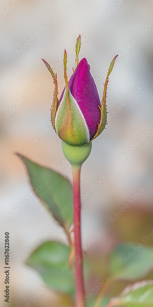 Unopened rose bud, magenta petals, green stem. Unopened rose bud, magenta petals, green stem.