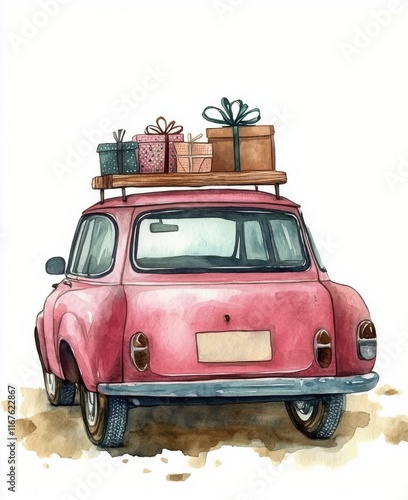 Vintage pink car with gifts on roof parked on sandy road ready for celebration