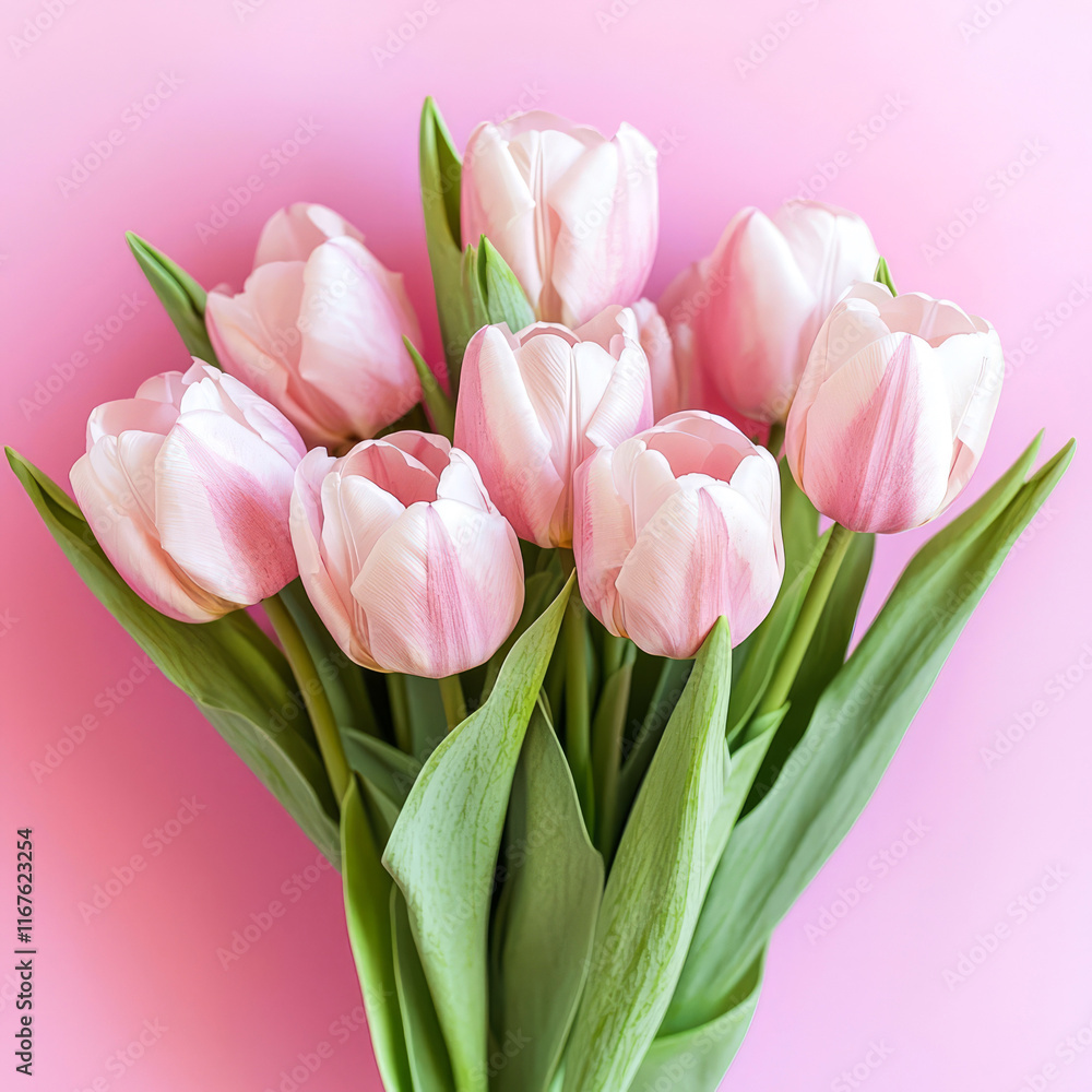 Elegant bouquet of pink tulips on a soft pastel pink background. Minimalistic floral composition for spring themes, romantic designs. Valentine's Day, 8th of March mockup. Generative ai Elegant bouquet of pink tulips on a soft pastel pink background. Minimalistic floral composition for spring themes, romantic designs. Valentine's Day, 8th of March mockup. Generative ai