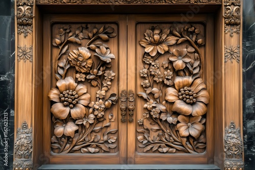 Intricate floral carvings adorning wooden double doors photo