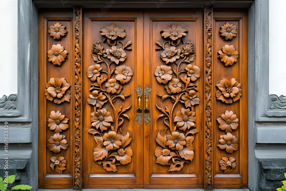 Elegant carved wooden door displaying floral ornaments Elegant carved wooden door displaying floral ornaments