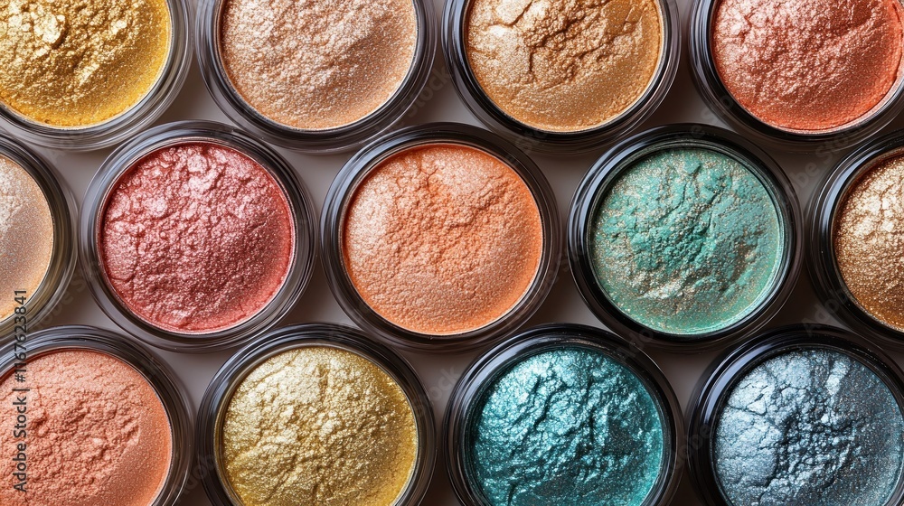 A collection of vibrant, shimmery cosmetic powders in circular containers. A collection of vibrant, shimmery cosmetic powders in circular containers.
