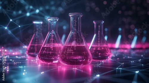 Vibrant laboratory glassware illuminated with pink light against a digital ba...