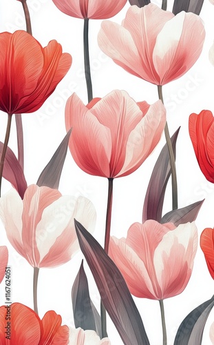 Vibrant tulip bouquet featuring pink and white blooms surrounded by lush gree...