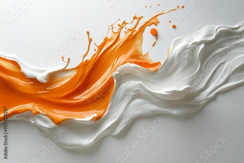 Dynamic splash of milk and orange liquid creating a striking visual effect in...