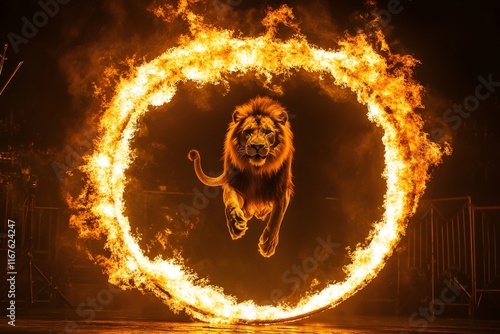 Lion jumping through flaming hoop in circus show
