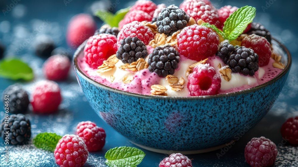 Delicious yogurt parfait with raspberries, blackberries, and granola in a blue bowl. Delicious yogurt parfait with raspberries, blackberries, and granola in a blue bowl.