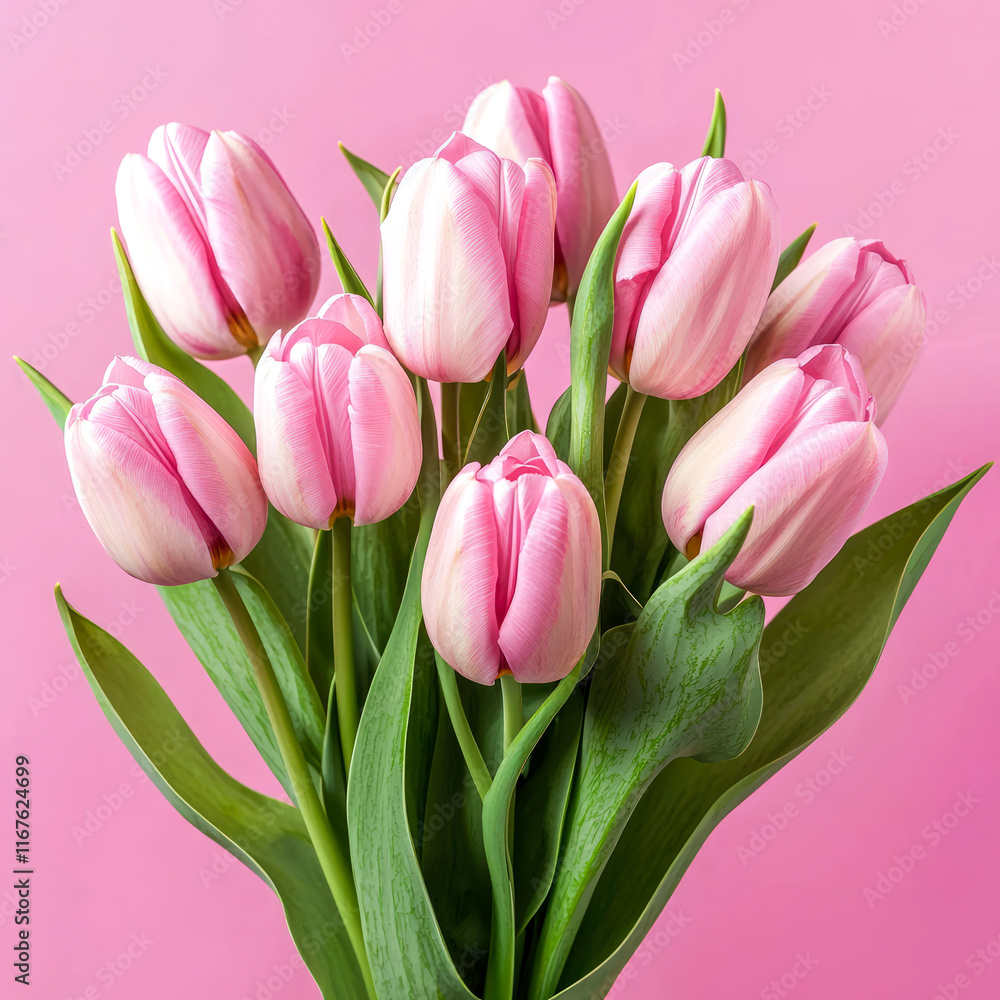 Elegant bouquet of pink tulips on a soft pastel pink background. Minimalistic floral composition for spring themes, romantic designs. Valentine's Day, 8th of March mockup. Generative ai Elegant bouquet of pink tulips on a soft pastel pink background. Minimalistic floral composition for spring themes, romantic designs. Valentine's Day, 8th of March mockup. Generative ai