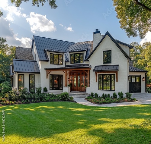 Modern house with large windows and landscaped yard in daytime