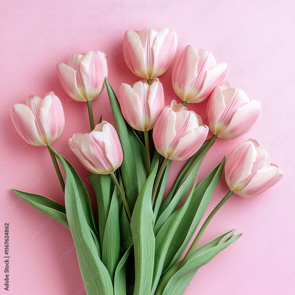 Elegant bouquet of pink tulips on a soft pastel pink background. Minimalistic floral composition for spring themes, romantic designs. Valentine's Day, 8th of March mockup. Generative ai Elegant bouquet of pink tulips on a soft pastel pink background. Minimalistic floral composition for spring themes, romantic designs. Valentine's Day, 8th of March mockup. Generative ai