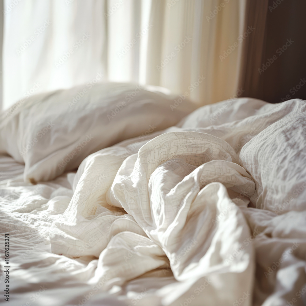 Obraz premium Minimalist bright bedroom with crumpled white bed linens, soft natural sunlight streaming through, creating a cozy, peaceful, and aesthetic atmosphere. Ideal for concepts of rest, home, and comfort.