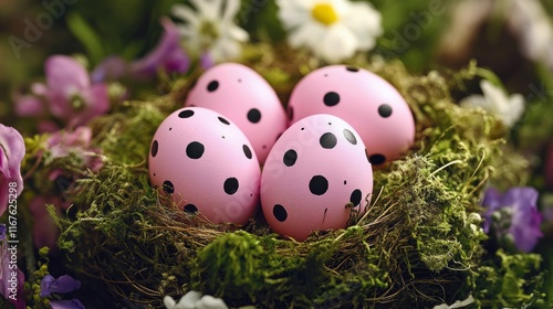 Colorful speckled eggs nestled in a vibrant spring garden with blooming flowe...