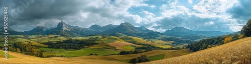 Panoramic shot of an idyllic French countryside, with rolling hills and wheat fields