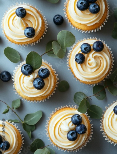 Blueberry topped cupcakes with creamy frosting and green leaves on a decorati...