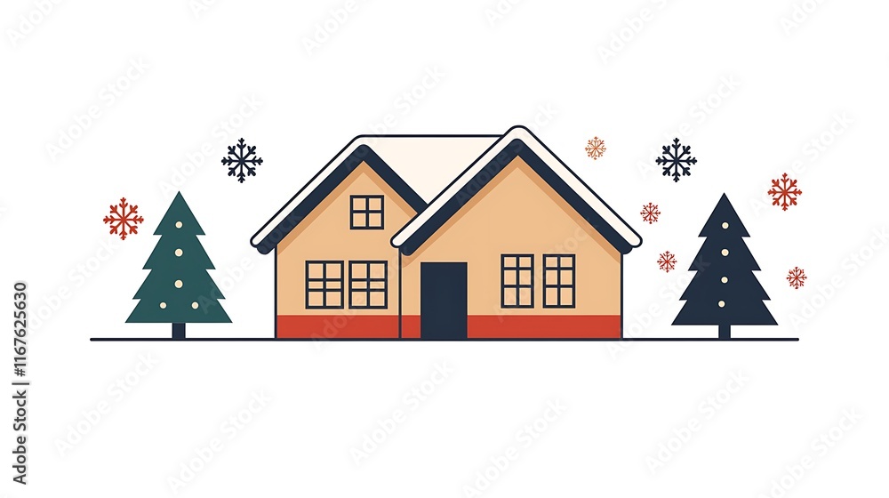 Cozy Winter House Scene With Snow And Trees Cozy Winter House Scene With Snow And Trees