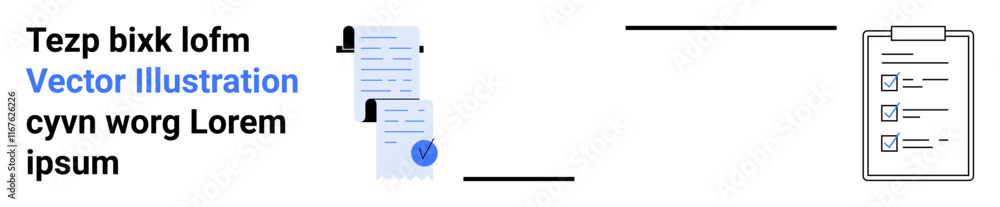 Documents with written text, blue seal, and office clip next to a checklist on a clipboard. Ideal for business plans, project management, audits, assignments, organizing tasks, checklists creation Documents with written text, blue seal, and office clip next to a checklist on a clipboard. Ideal for business plans, project management, audits, assignments, organizing tasks, checklists creation
