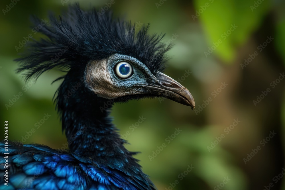 Fototapeta premium Stunning close-up of a peacock showcasing its vibrant plumage in a lush environment