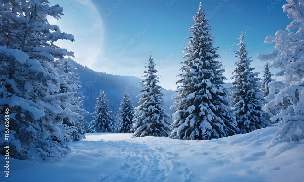 Naklejka premium Path leading through snow covered forest in mountains