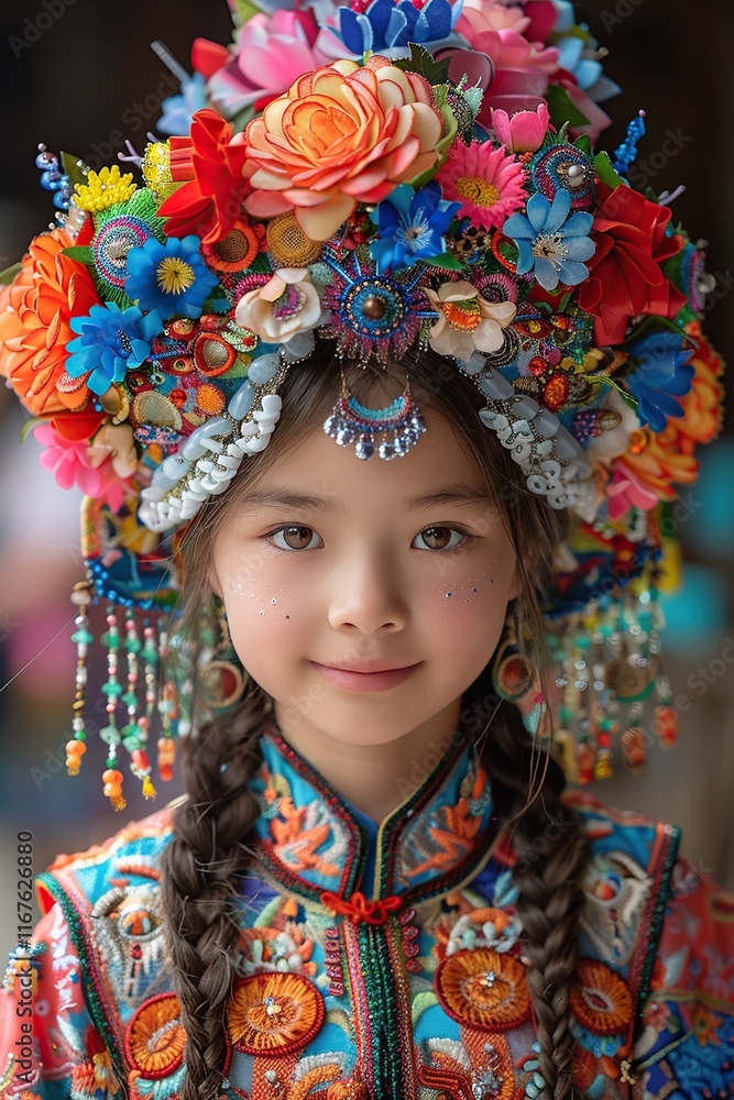 A beautiful girl dressed in the dress of the Miao ethnic group in Guizhou 