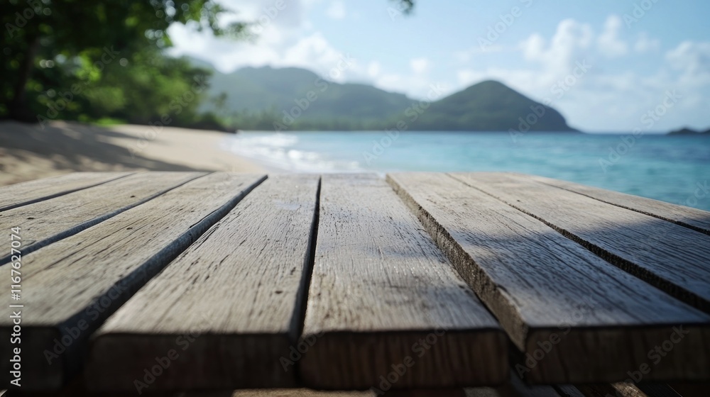 Serene Beachside Wooden Table: Tropical Paradise Serene Beachside Wooden Table: Tropical Paradise