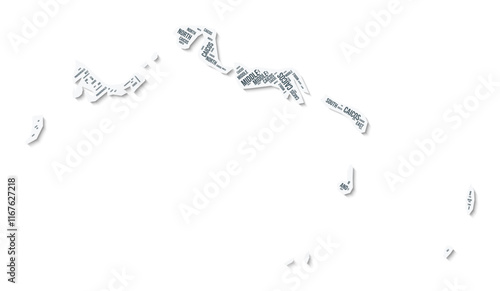 Turks and Caicos Islands shape text cloud. Country border with shadow on white background. Turks and Caicos Islands with regions division in vintage gazette style. Elegant vector illustration.