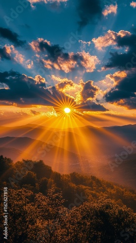 Stunning sunset over rolling hills with vibrant clouds and flowers illuminate...