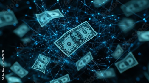 Cash flows through a digital landscape, showcasing electronic money transfers in a networked system
