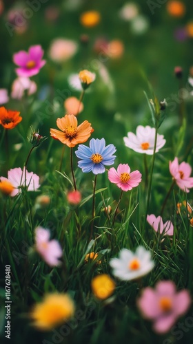 Vibrant wildflower meadow in spring showcasing colorful blooms and lush greenery