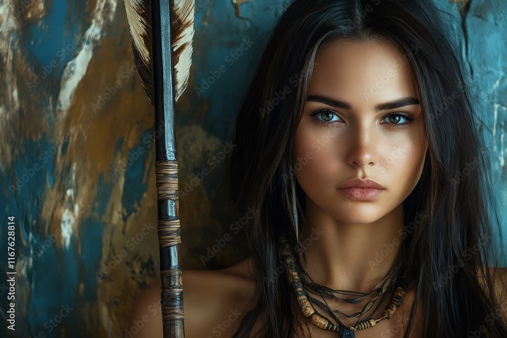 Amazon warrior posing with spear and ethnic necklace Amazon warrior posing with spear and ethnic necklace