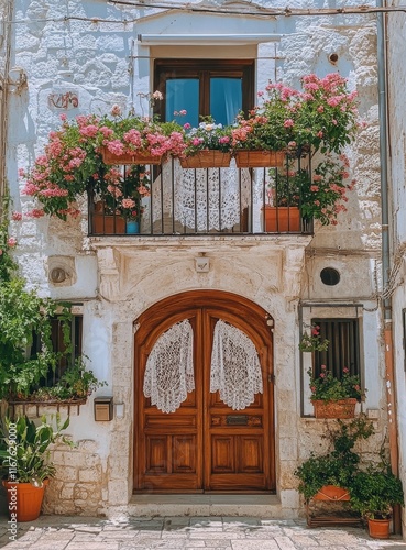 Charming stone cottage with flower-filled balcony in picturesque village setting