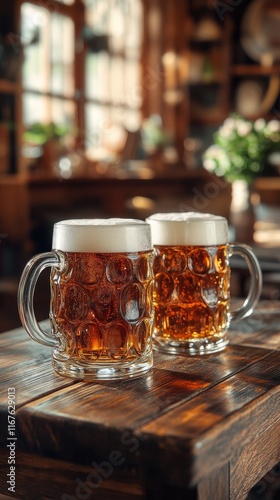 Enjoying frosty mugs of beer at a cozy pub during the afternoon