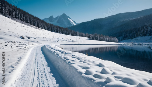 Cross country skiing trail leading to mountain lake in winter photo