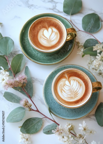 Delicate coffee cups surrounded by flowers and greenery in a light setting