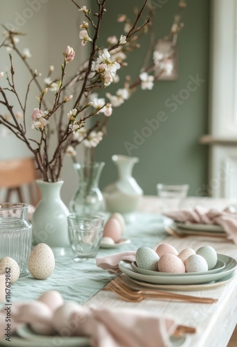 Elegant spring table setting with pastel decorations and blooming branches fo...
