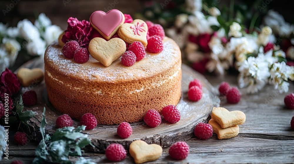 Valentine's Day Cake with Raspberries and Heart-Shaped Cookies Valentine's Day Cake with Raspberries and Heart-Shaped Cookies