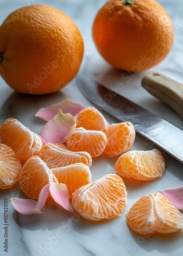 Slices of orange arranged artistically on a marble surface with rose petals a...