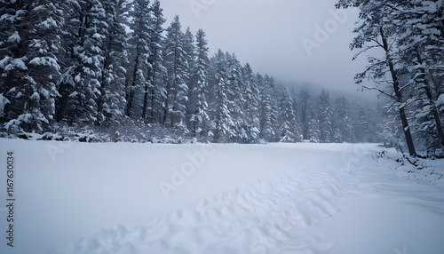 Footprints leading through snowy landscape with snow covered pine trees
