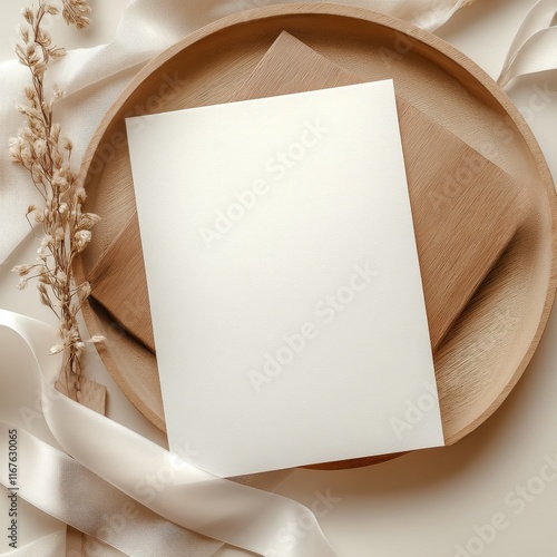 Elegant stationery arrangement with envelope and decorative elements on neutr...