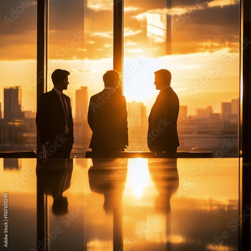 Business professionals enjoying a sunset view from a high-rise office