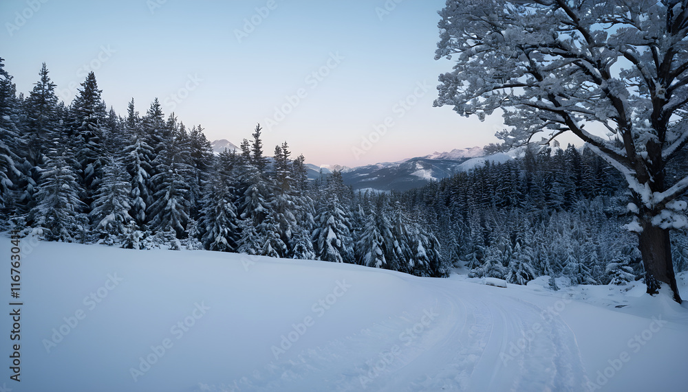 Obraz premium Untouched snow covering a forest trail at sunset