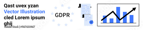 Blue textual elements, GDPR logo, compliance document with checklist, bar graph with rising arrow. Ideal for data privacy, compliance firms, regulations, website security, analytics reporting