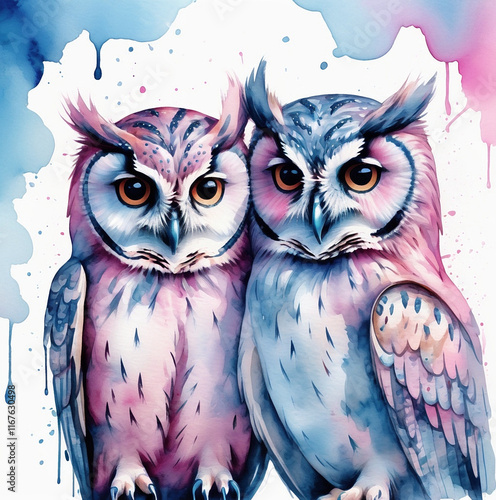 watercolor painting of two owls 