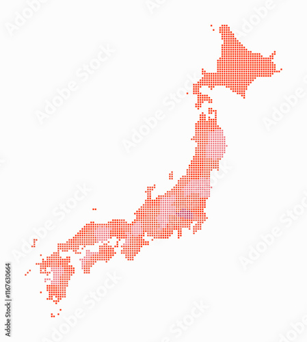 Japan dotted map. Digital style map of the country on white background. Japan shape with square dots. Colored dots style. Small size squares. Awesome vector illustration.