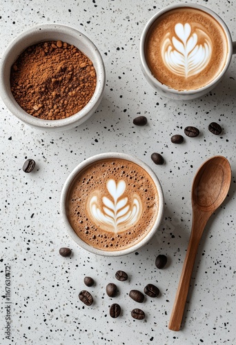 Beautifully crafted coffee and roasted beans on a textured surface