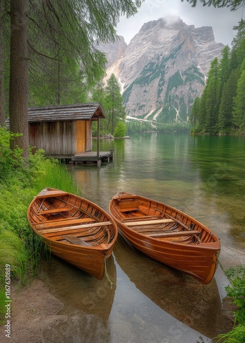 Serene lake with wooden boats and mountain backdrop in a tranquil natural set...