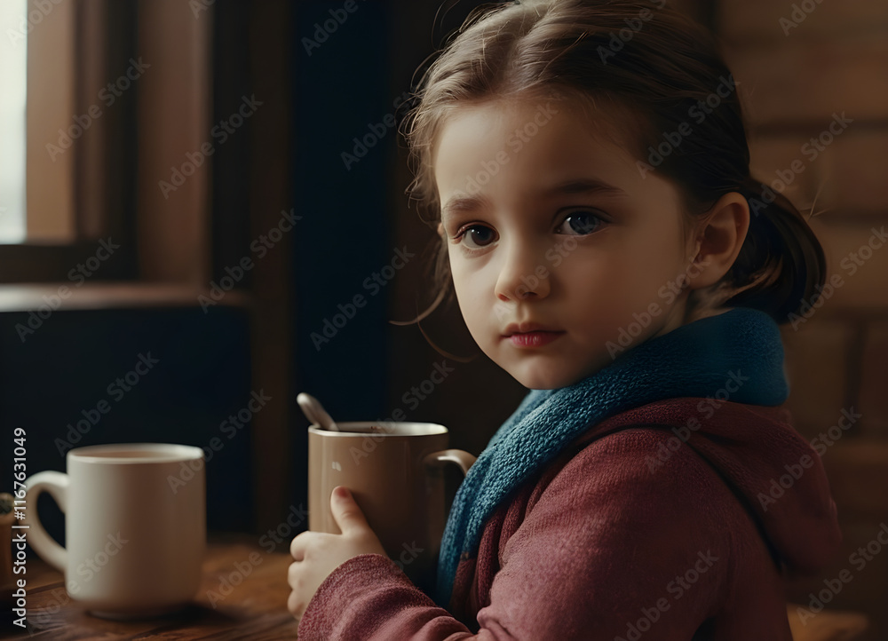 Young girl wearing scarf holding warm drink inside during winter Young girl wearing scarf holding warm drink inside during winter