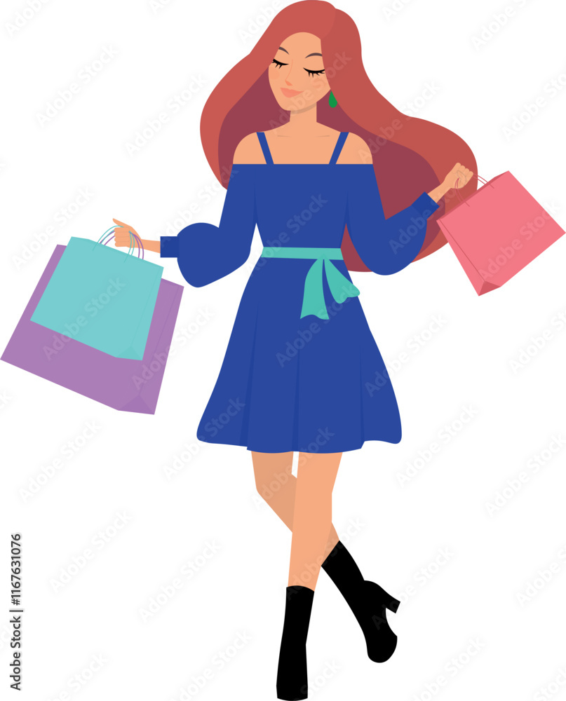 Woman in blue dress, shopping, and with shopping bags in her hand Woman in blue dress, shopping, and with shopping bags in her hand