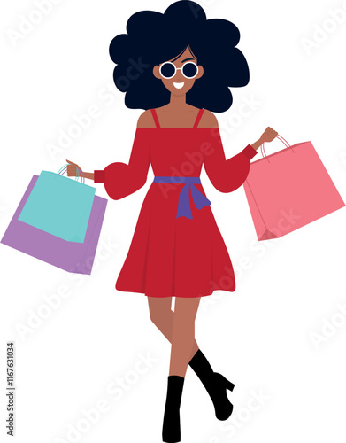 Black woman with glasses shopping, and with shopping bags in her hand