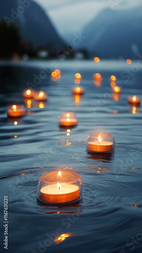 Floating candles illuminate a serene lake at sunset on a tranquil evening